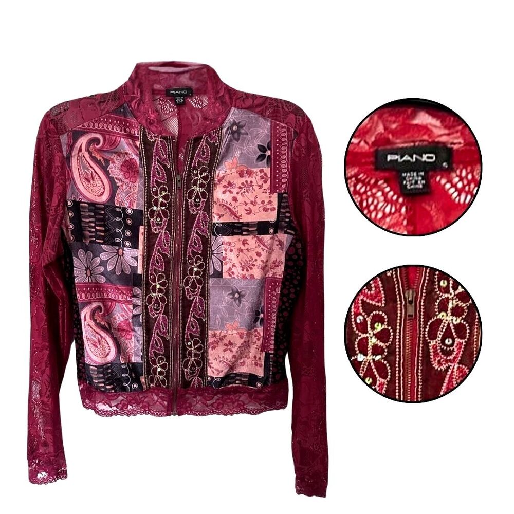 Piano Intl Red Lace Sheer Embroidered Jacket – Size L